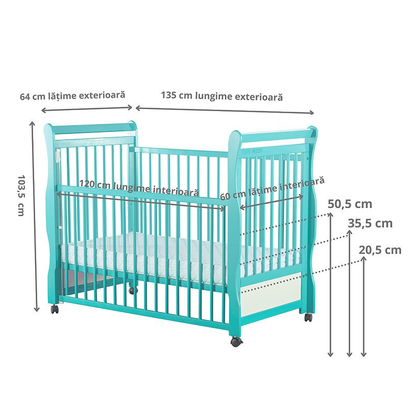 BabyNeeds - Patut din lemn Jas 120x60 cm, cu laterala culisanta si roti, Mint + Saltea 12 cm image 3