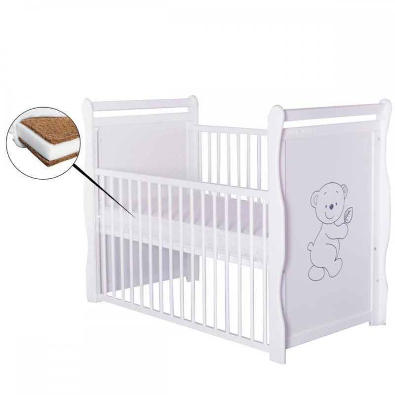 BabyNeeds - Patut din lemn Jas Ursulet 120x60 cm, cu laterala culisanta si roti, Alb + Saltea 12 cm