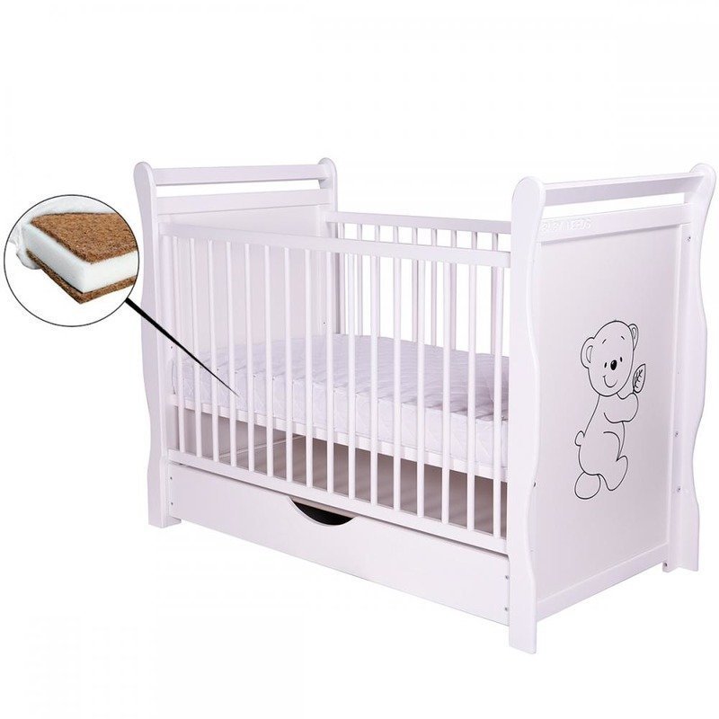 BabyNeeds - Patut din lemn Jas Ursulet 120x60 cm, cu sertar si roti, Alb + Saltea 12 cm