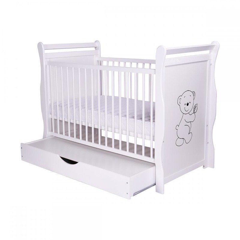 BabyNeeds - Patut din lemn Jas Ursulet 120x60 cm, cu sertar si roti, Alb + Saltea 12 cm image 2