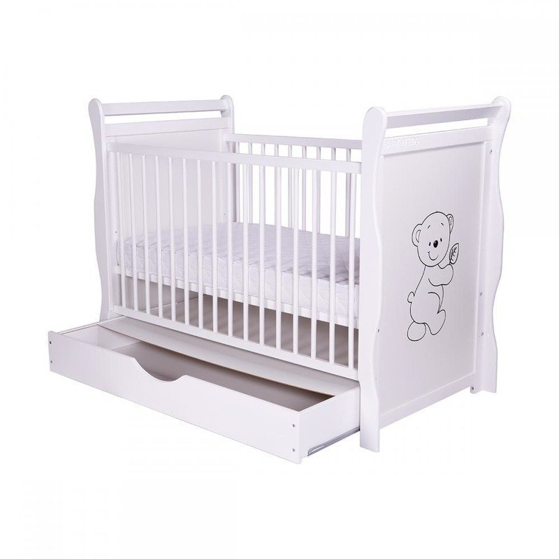 BabyNeeds - Patut din lemn Jas Ursulet 120x60 cm, cu sertar si roti, Alb + Saltea 12 cm image 3