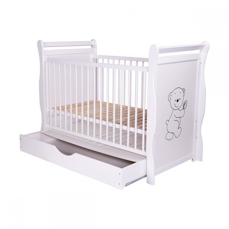 BabyNeeds - Patut din lemn Jas Ursulet 120x60 cm, cu sertar si roti, Alb + Saltea 12 cm image 4