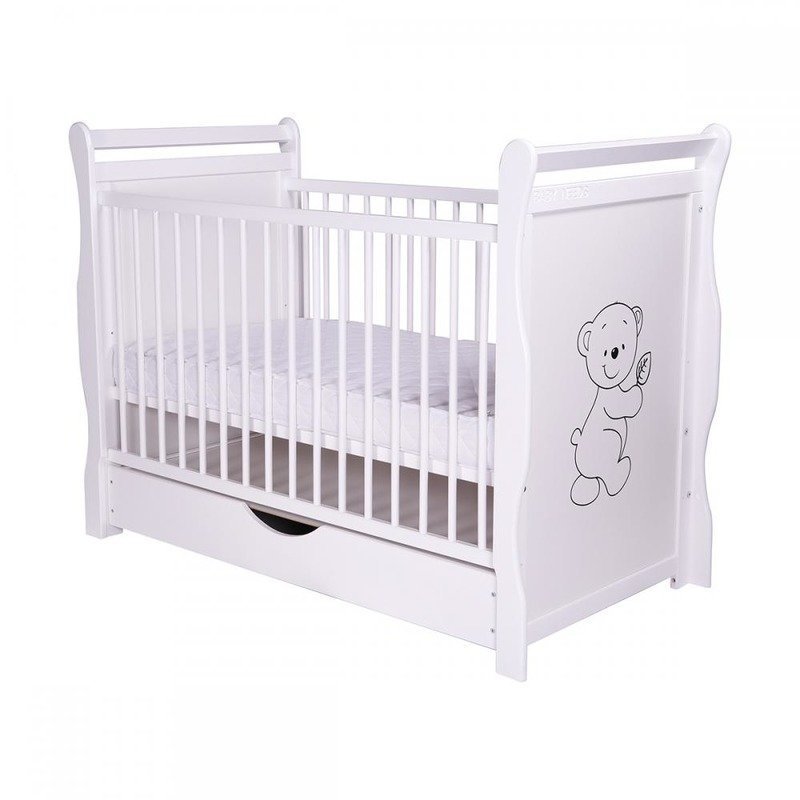 BabyNeeds - Patut din lemn Jas Ursulet 120x60 cm, cu sertar si roti, Alb + Saltea 12 cm image 5