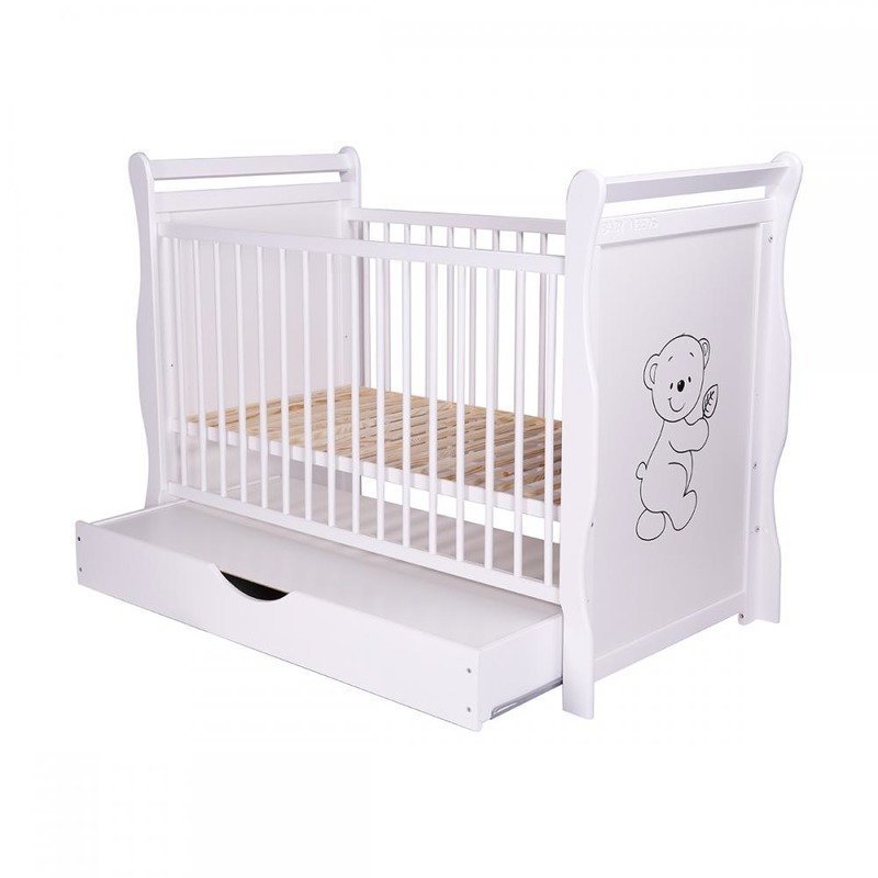 BabyNeeds - Patut din lemn Jas Ursulet 120x60 cm, cu sertar si roti, Alb + Saltea 12 cm image 6