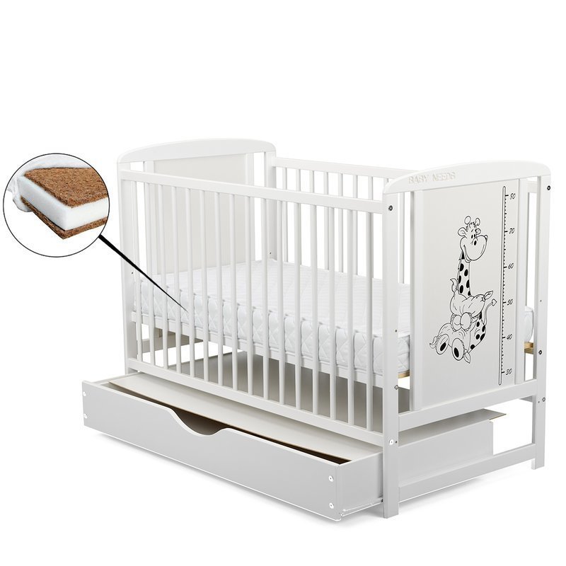 BabyNeeds - Patut din lemn Timmi Girafa 120x60 cm, cu sertar, Alb + Saltea 12 cm image 1