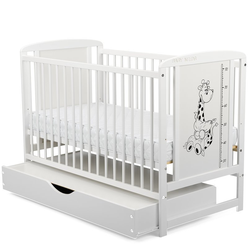 BabyNeeds - Patut din lemn Timmi Girafa 120x60 cm, cu sertar, Alb + Saltea 12 cm image 4