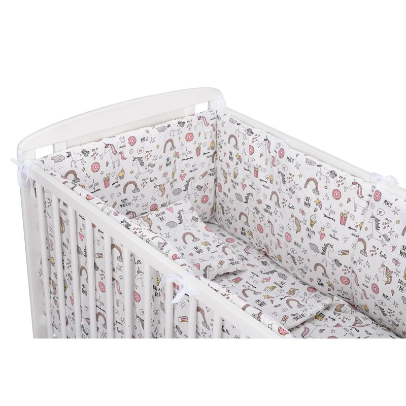 BabyNeeds - Lenjerie patut 5 piese, Cu doua protectii laterale, Pernuta, Plapumioara, Cearceaf, Din bumbac, Pentru patut 120x60 cm, Unicorni, Roz image 1