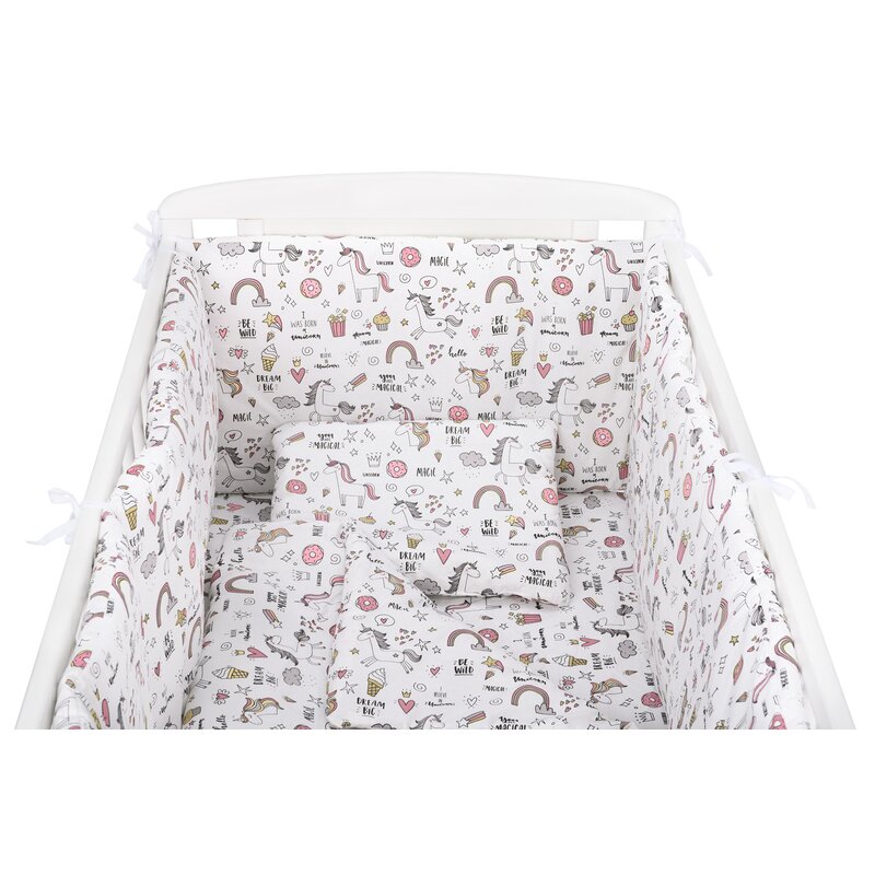 BabyNeeds - Lenjerie patut 5 piese, Cu doua protectii laterale, Pernuta, Plapumioara, Cearceaf, Din bumbac, Pentru patut 120x60 cm, Unicorni, Roz image 2