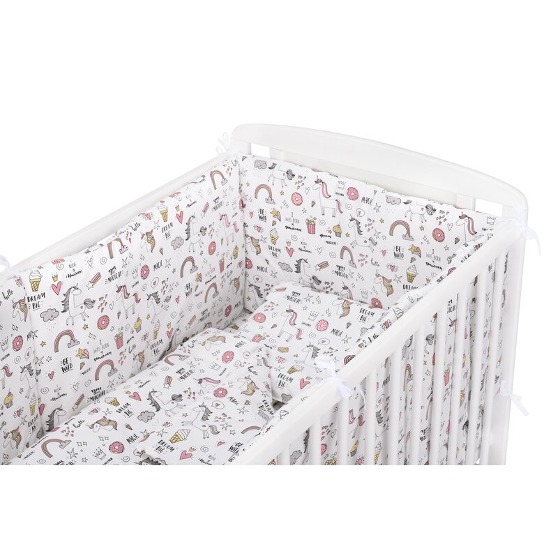 BabyNeeds - Lenjerie patut 5 piese, Cu doua protectii laterale, Pernuta, Plapumioara, Cearceaf, Din bumbac, Pentru patut 120x60 cm, Unicorni, Roz image 4