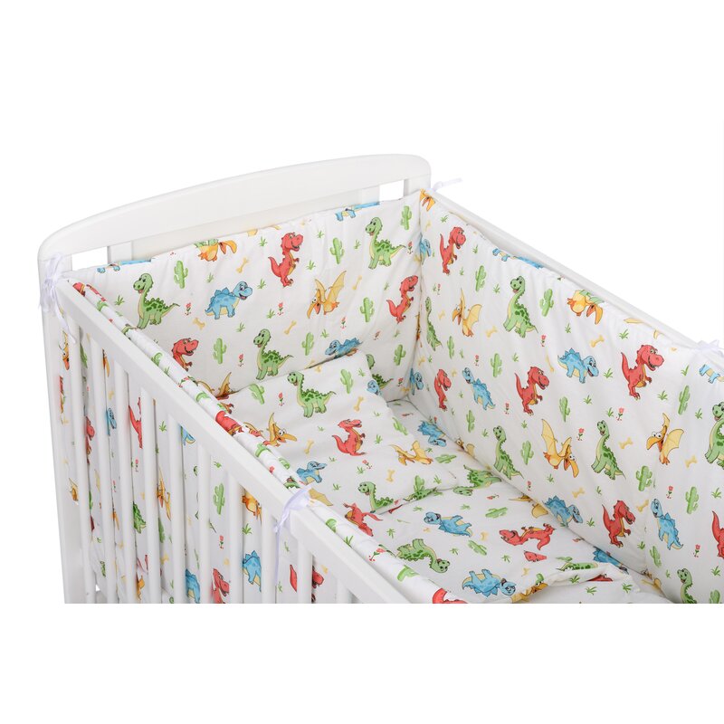 BabyNeeds - Lenjerie patut 5 piese, Cu doua protectii laterale, Pernuta, Plapumioara, Cearceaf, Din bumbac, Pentru patut 120x60 cm, Dinozauri, Alb image 1