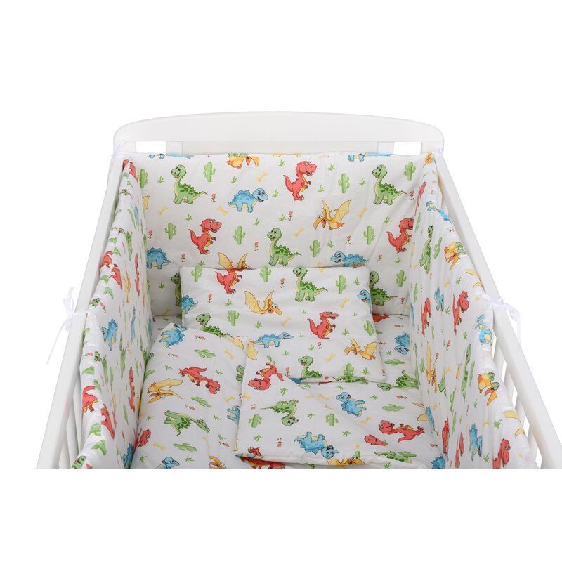 BabyNeeds - Lenjerie patut 5 piese, Cu doua protectii laterale, Pernuta, Plapumioara, Cearceaf, Din bumbac, Pentru patut 120x60 cm, Dinozauri, Alb image 2