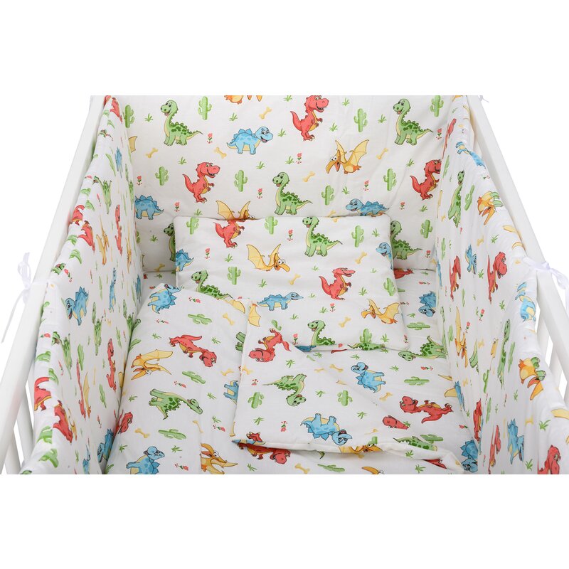 BabyNeeds - Lenjerie patut 5 piese, Cu doua protectii laterale, Pernuta, Plapumioara, Cearceaf, Din bumbac, Pentru patut 120x60 cm, Dinozauri, Alb image 3