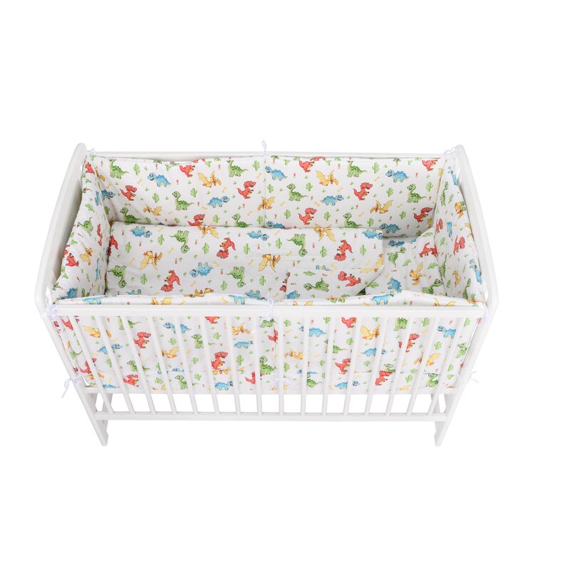 BabyNeeds - Lenjerie patut 5 piese, Cu doua protectii laterale, Pernuta, Plapumioara, Cearceaf, Din bumbac, Pentru patut 120x60 cm, Dinozauri, Alb image 4