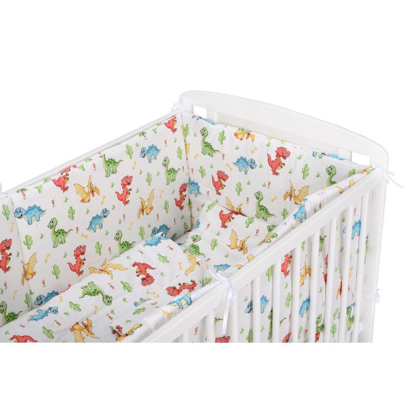 BabyNeeds - Lenjerie patut 5 piese, Cu doua protectii laterale, Pernuta, Plapumioara, Cearceaf, Din bumbac, Pentru patut 120x60 cm, Dinozauri, Alb image 5