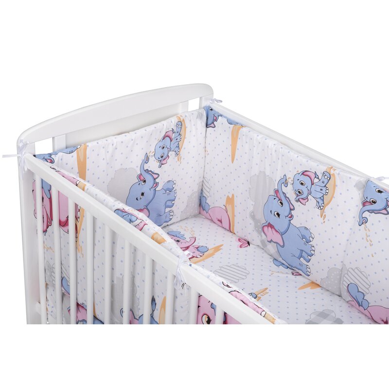 BabyNeeds - Lenjerie patut 3 piese, Cu doua protectii laterale, Cerceaf, Din bumbac, Pentru patut 120x60 cm, Elefantei, Albastru-Roz image 1