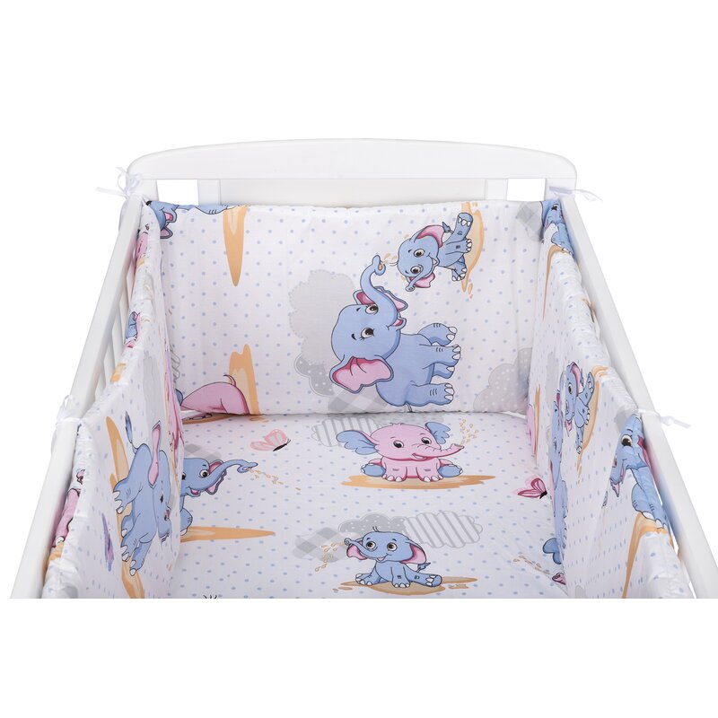 BabyNeeds - Lenjerie patut 3 piese, Cu doua protectii laterale, Cerceaf, Din bumbac, Pentru patut 120x60 cm, Elefantei, Albastru-Roz image 2