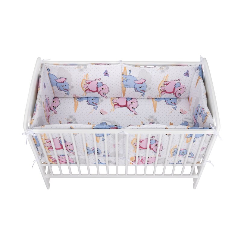 BabyNeeds - Lenjerie patut 3 piese, Cu doua protectii laterale, Cerceaf, Din bumbac, Pentru patut 120x60 cm, Elefantei, Albastru-Roz image 3