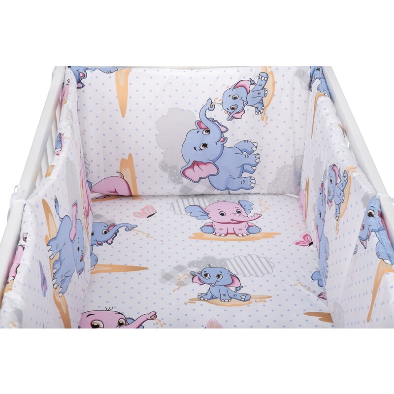 BabyNeeds - Lenjerie patut 3 piese, Cu doua protectii laterale, Cerceaf, Din bumbac, Pentru patut 120x60 cm, Elefantei, Albastru-Roz image 4