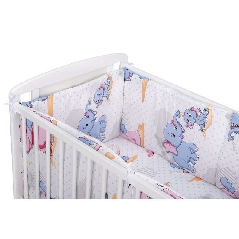 BabyNeeds - Lenjerie patut 3 piese, Cu doua protectii laterale, Cerceaf, Din bumbac, Pentru patut 120x60 cm, Elefantei, Albastru-Roz image 5