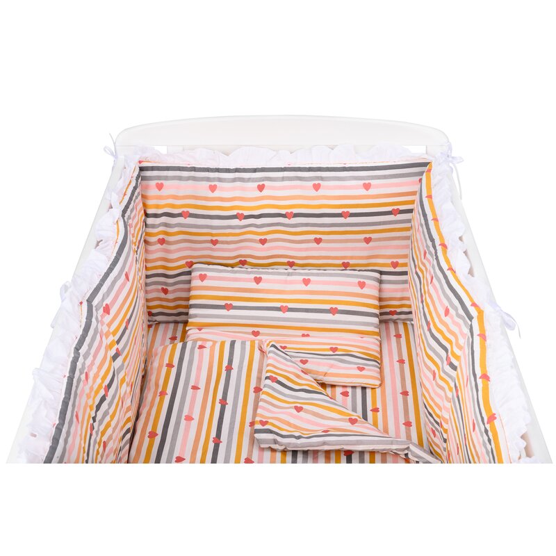 BabyNeeds - Lenjerie patut 5 piese, Cu doua protectii laterale, Pernuta, Plapumioara, Cearceaf, Din bumbac, Pentru patut 120x60 cm, Cu volanas, Inimioare, Dungi multicolore image 3