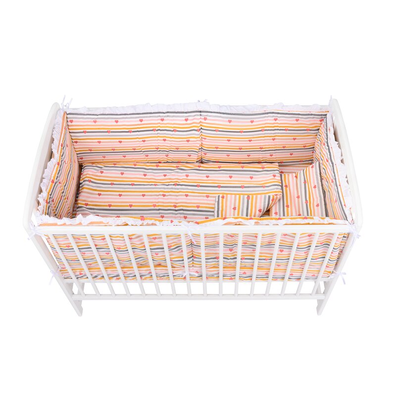 BabyNeeds - Lenjerie patut 5 piese, Cu doua protectii laterale, Pernuta, Plapumioara, Cearceaf, Din bumbac, Pentru patut 120x60 cm, Cu volanas, Inimioare, Dungi multicolore image 4