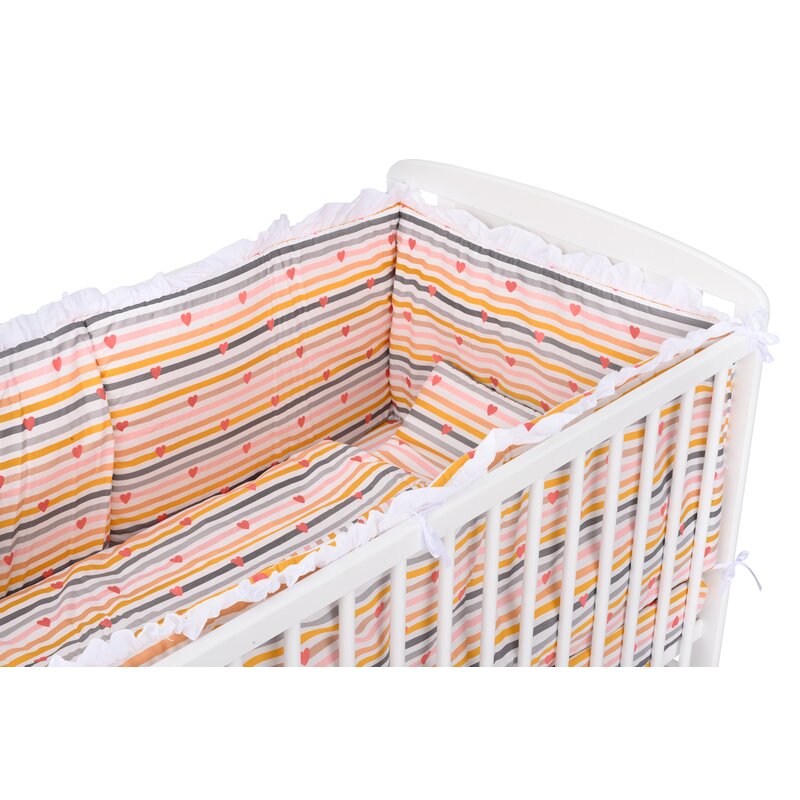 BabyNeeds - Lenjerie patut 5 piese, Cu doua protectii laterale, Pernuta, Plapumioara, Cearceaf, Din bumbac, Pentru patut 120x60 cm, Cu volanas, Inimioare, Dungi multicolore image 5