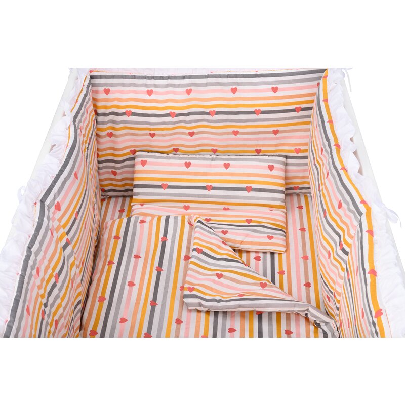 BabyNeeds - Lenjerie patut 5 piese, Cu doua protectii laterale, Pernuta, Plapumioara, Cearceaf, Din bumbac, Pentru patut 120x60 cm, Cu volanas, Inimioare, Dungi multicolore image 6