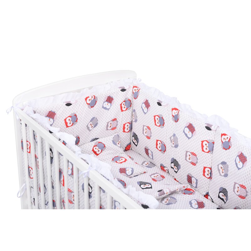 BabyNeeds - Lenjerie patut 5 piese, Cu doua protectii laterale, Pernuta, Plapumioara, Cearceaf, Din bumbac, Pentru patut 120x60 cm, Cu volanas, Bufnite, Gri-Rosu