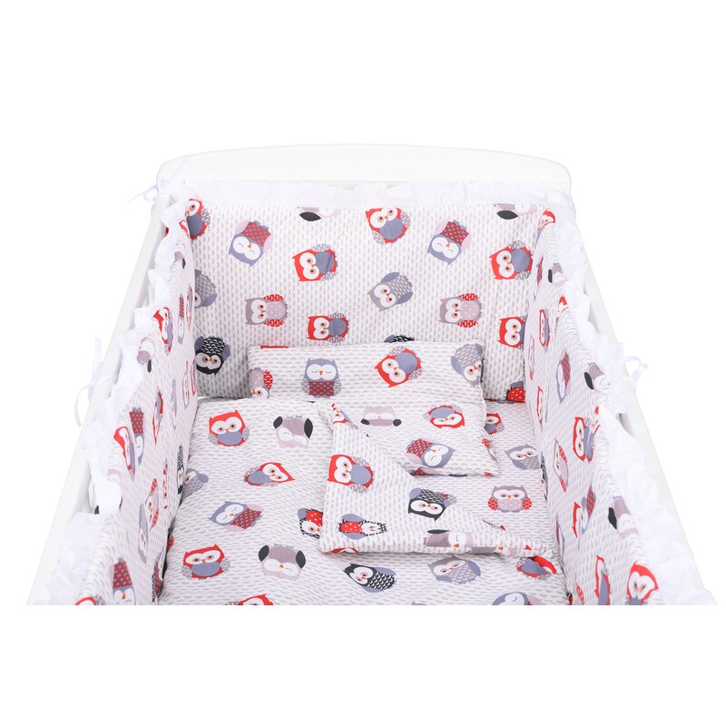 BabyNeeds - Lenjerie patut 5 piese, Cu doua protectii laterale, Pernuta, Plapumioara, Cearceaf, Din bumbac, Pentru patut 120x60 cm, Cu volanas, Bufnite, Gri-Rosu image 2