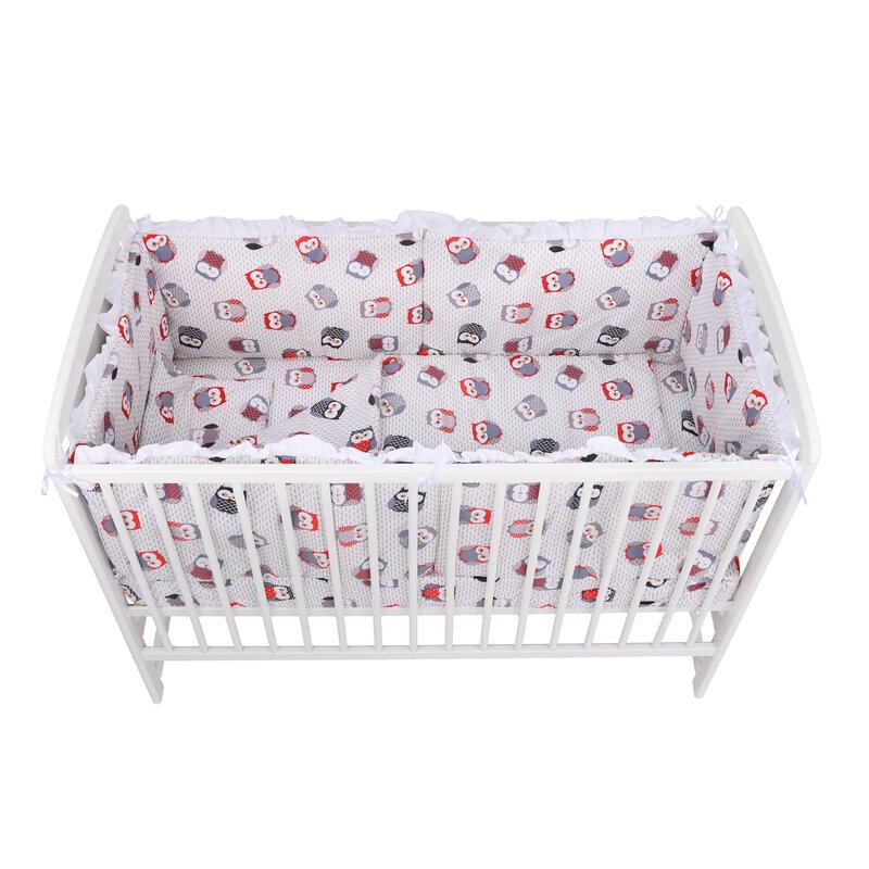 BabyNeeds - Lenjerie patut 5 piese, Cu doua protectii laterale, Pernuta, Plapumioara, Cearceaf, Din bumbac, Pentru patut 120x60 cm, Cu volanas, Bufnite, Gri-Rosu image 3