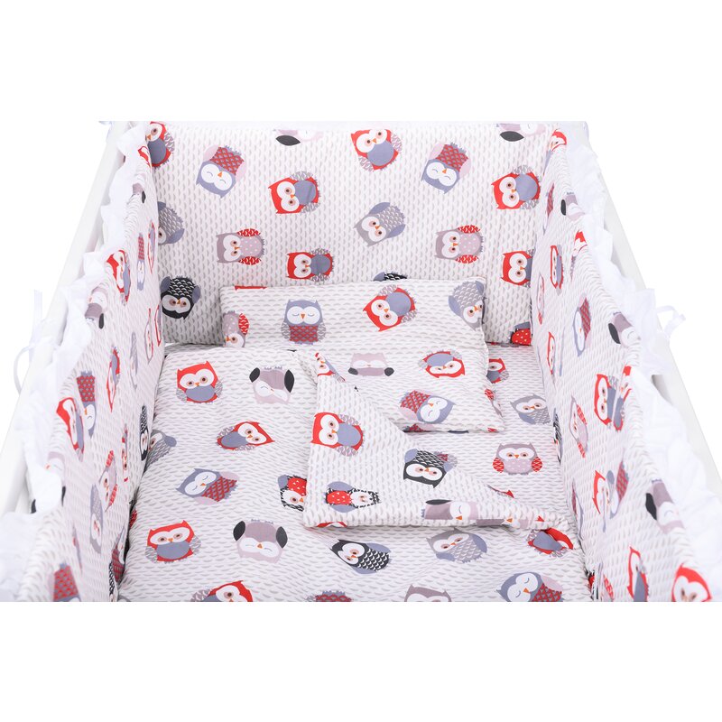 BabyNeeds - Lenjerie patut 5 piese, Cu doua protectii laterale, Pernuta, Plapumioara, Cearceaf, Din bumbac, Pentru patut 120x60 cm, Cu volanas, Bufnite, Gri-Rosu image 4