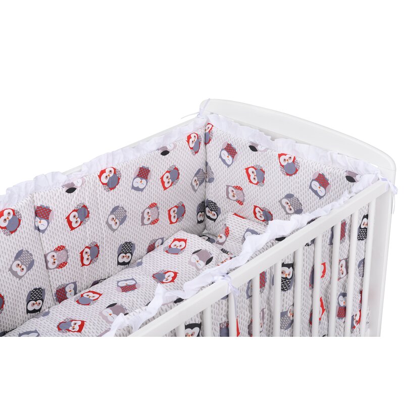 BabyNeeds - Lenjerie patut 5 piese, Cu doua protectii laterale, Pernuta, Plapumioara, Cearceaf, Din bumbac, Pentru patut 120x60 cm, Cu volanas, Bufnite, Gri-Rosu image 5