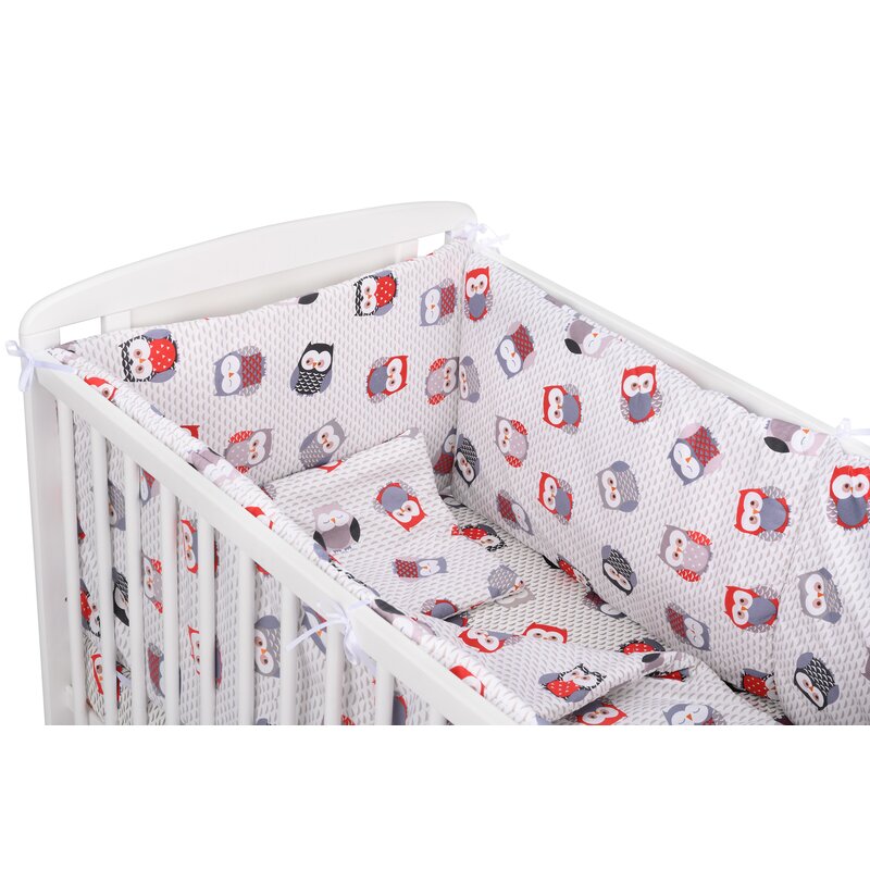 BabyNeeds - Lenjerie patut 5 piese, Cu doua protectii laterale, Pernuta, Plapumioara, Cearceaf, Din bumbac, Pentru patut 120x60 cm, Bufnite, Gri-Rosu image 1