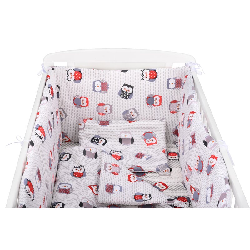 BabyNeeds - Lenjerie patut 5 piese, Cu doua protectii laterale, Pernuta, Plapumioara, Cearceaf, Din bumbac, Pentru patut 120x60 cm, Bufnite, Gri-Rosu image 2