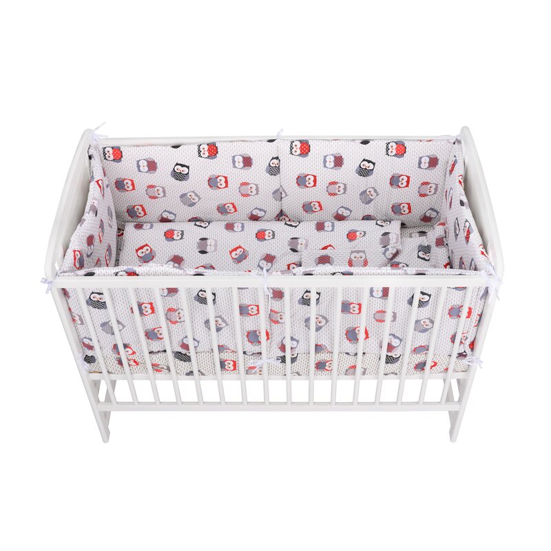 BabyNeeds - Lenjerie patut 5 piese, Cu doua protectii laterale, Pernuta, Plapumioara, Cearceaf, Din bumbac, Pentru patut 120x60 cm, Bufnite, Gri-Rosu image 3