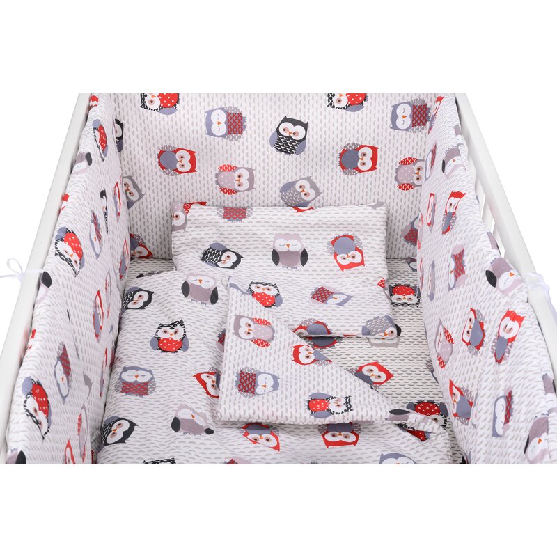 BabyNeeds - Lenjerie patut 5 piese, Cu doua protectii laterale, Pernuta, Plapumioara, Cearceaf, Din bumbac, Pentru patut 120x60 cm, Bufnite, Gri-Rosu image 4