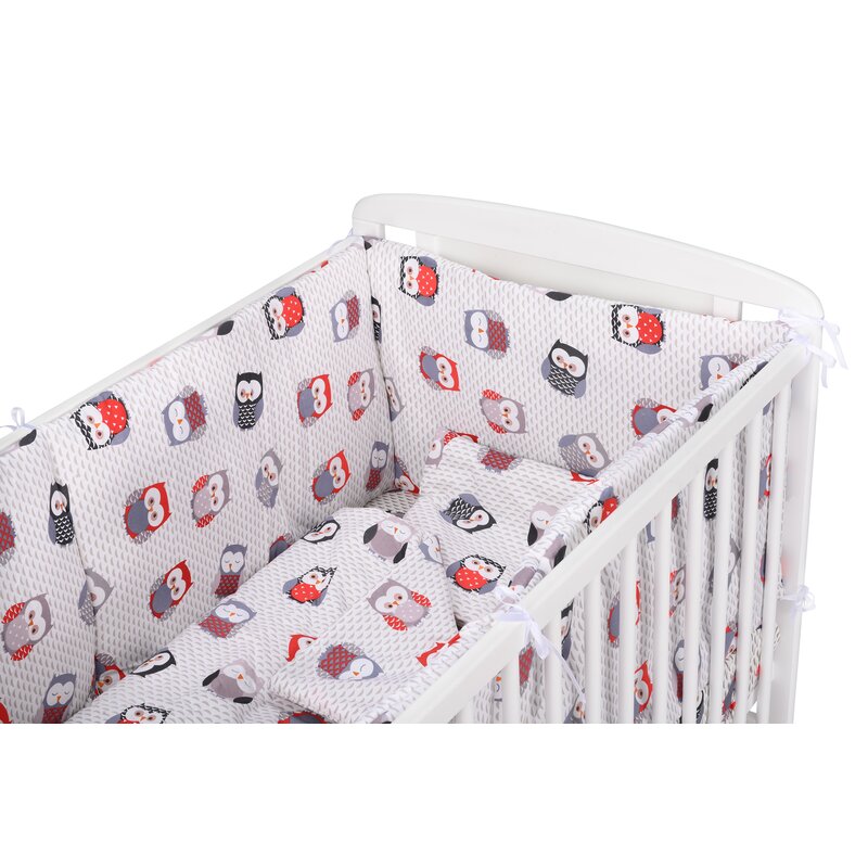 BabyNeeds - Lenjerie patut 5 piese, Cu doua protectii laterale, Pernuta, Plapumioara, Cearceaf, Din bumbac, Pentru patut 120x60 cm, Bufnite, Gri-Rosu image 5