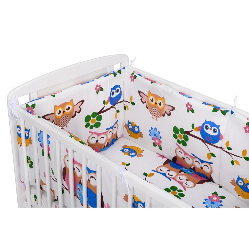 BabyNeeds - Lenjerie patut 3 piese, Cu doua protectii laterale, Cerceaf, Din bumbac, Pentru patut 120x60 cm, Bufnitele vesele, Alb image 1