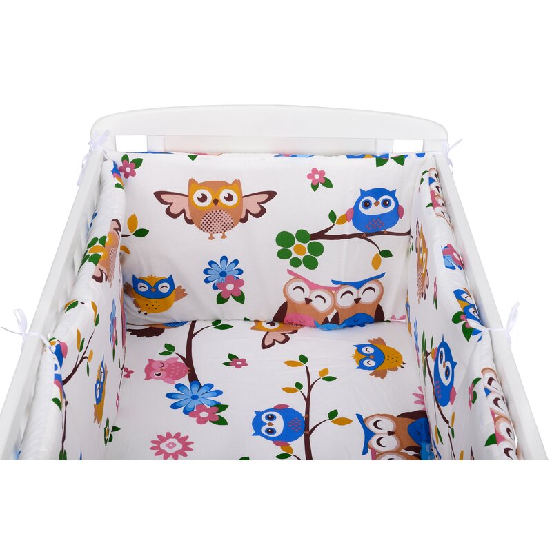 BabyNeeds - Lenjerie patut 3 piese, Cu doua protectii laterale, Cerceaf, Din bumbac, Pentru patut 120x60 cm, Bufnitele vesele, Alb image 2