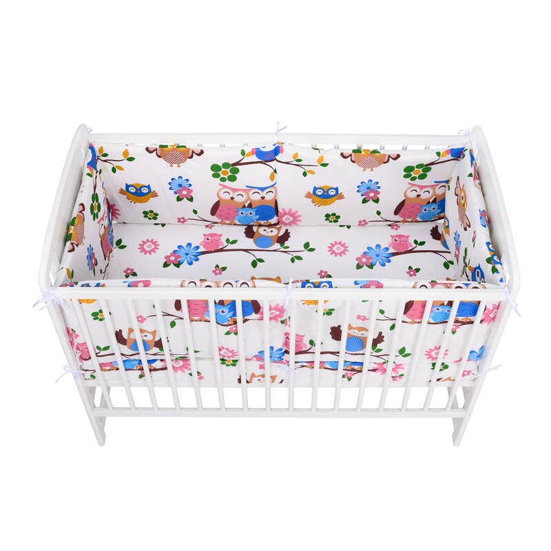 BabyNeeds - Lenjerie patut 3 piese, Cu doua protectii laterale, Cerceaf, Din bumbac, Pentru patut 120x60 cm, Bufnitele vesele, Alb image 3