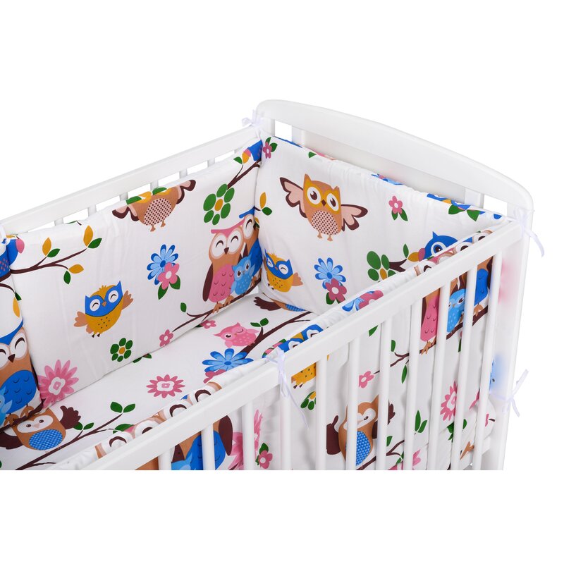 BabyNeeds - Lenjerie patut 3 piese, Cu doua protectii laterale, Cerceaf, Din bumbac, Pentru patut 120x60 cm, Bufnitele vesele, Alb image 4