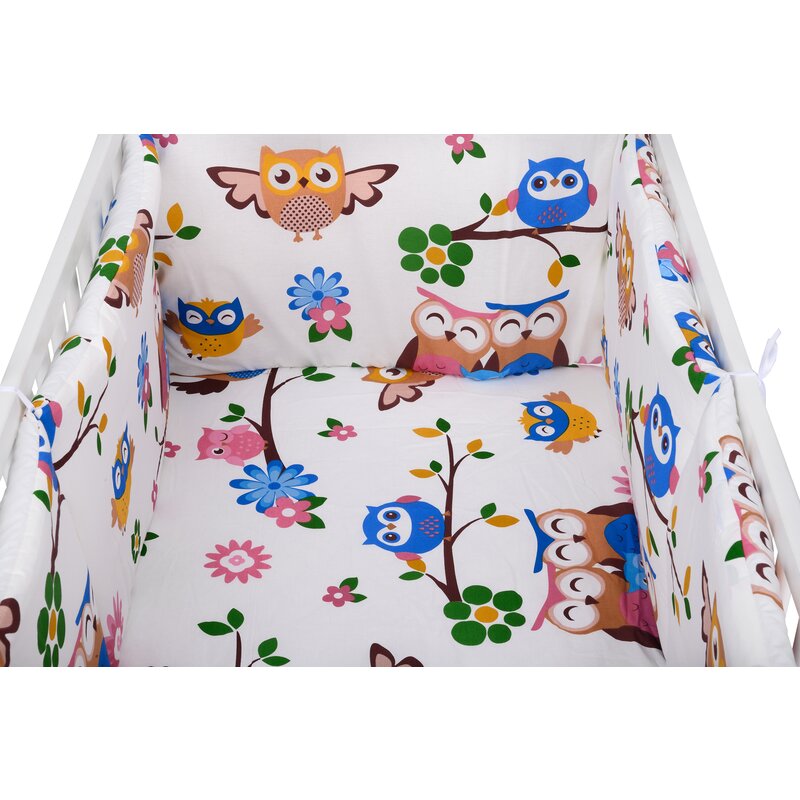 BabyNeeds - Lenjerie patut 3 piese, Cu doua protectii laterale, Cerceaf, Din bumbac, Pentru patut 120x60 cm, Bufnitele vesele, Alb image 5