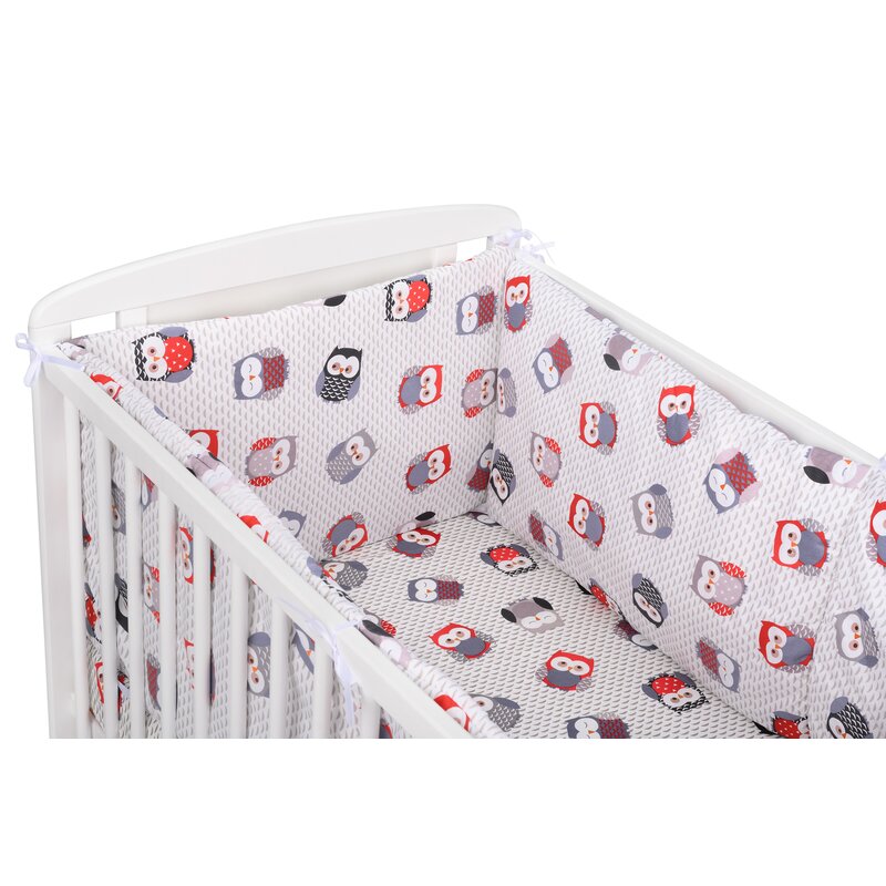 BabyNeeds - Lenjerie patut 3 piese, Cu doua protectii laterale, Cerceaf, Din bumbac, Pentru patut 120x60 cm, Bufnite, Gri-Rosu image 1