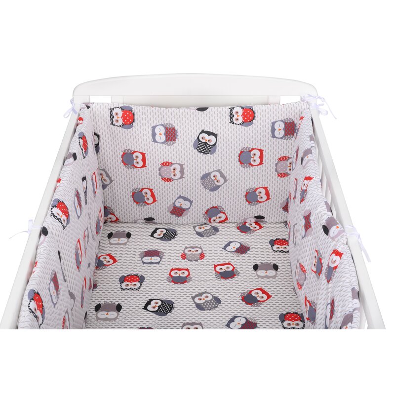 BabyNeeds - Lenjerie patut 3 piese, Cu doua protectii laterale, Cerceaf, Din bumbac, Pentru patut 120x60 cm, Bufnite, Gri-Rosu image 2