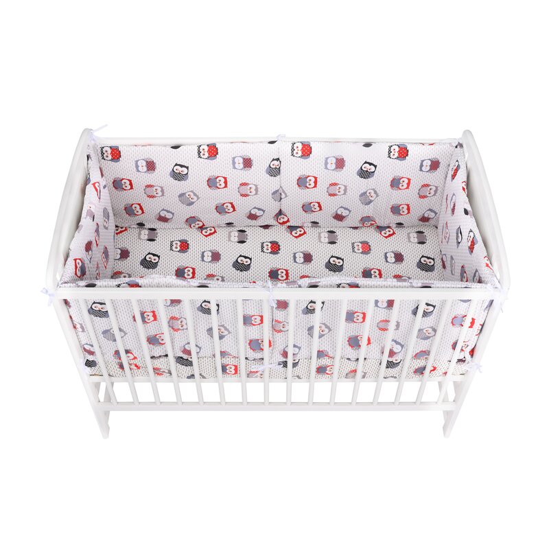 BabyNeeds - Lenjerie patut 3 piese, Cu doua protectii laterale, Cerceaf, Din bumbac, Pentru patut 120x60 cm, Bufnite, Gri-Rosu image 3