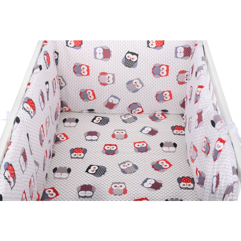 BabyNeeds - Lenjerie patut 3 piese, Cu doua protectii laterale, Cerceaf, Din bumbac, Pentru patut 120x60 cm, Bufnite, Gri-Rosu image 4