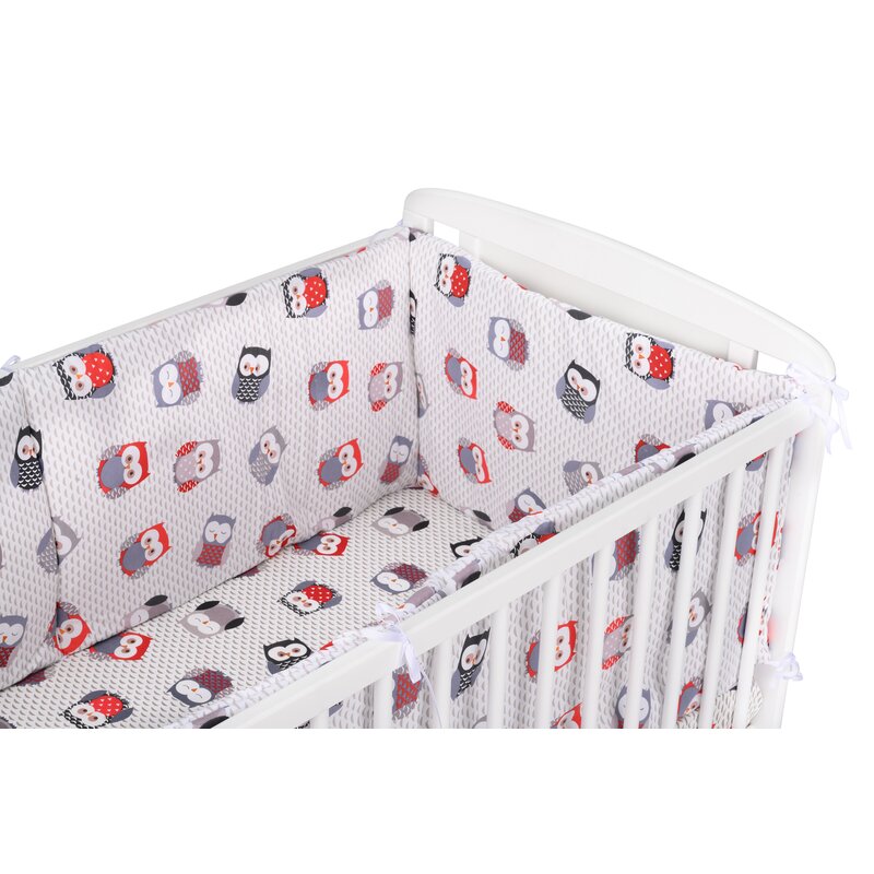 BabyNeeds - Lenjerie patut 3 piese, Cu doua protectii laterale, Cerceaf, Din bumbac, Pentru patut 120x60 cm, Bufnite, Gri-Rosu image 5