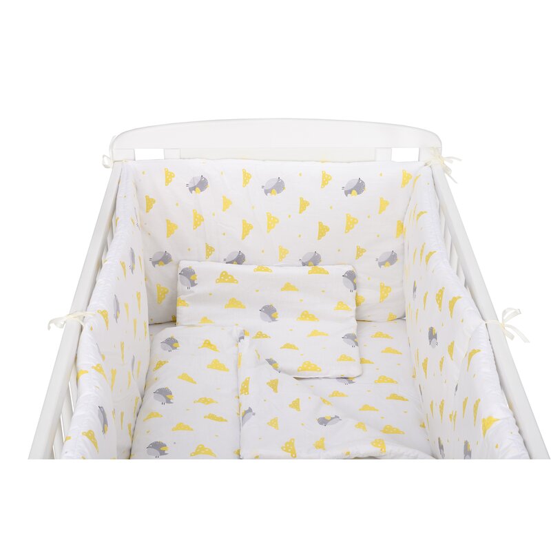 BabyNeeds - Lenjerie patut 5 piese, Cu doua protectii laterale, Pernuta, Plapumioara, Cearceaf, Din bumbac, Pentru patut 120x60 cm, Vrabiute, Gri-Galben image 2