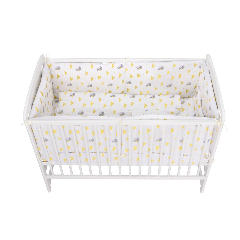 BabyNeeds - Lenjerie patut 5 piese, Cu doua protectii laterale, Pernuta, Plapumioara, Cearceaf, Din bumbac, Pentru patut 120x60 cm, Vrabiute, Gri-Galben image 3