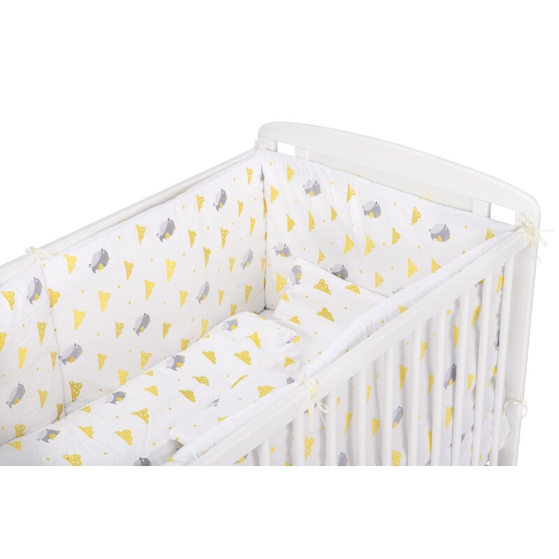 BabyNeeds - Lenjerie patut 5 piese, Cu doua protectii laterale, Pernuta, Plapumioara, Cearceaf, Din bumbac, Pentru patut 120x60 cm, Vrabiute, Gri-Galben image 4